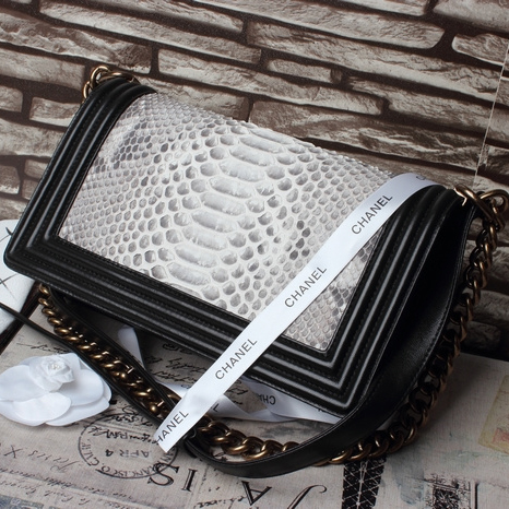 2015 Chanel Boy Flap Shoulder Bag White Original Snake Leather A67086 Gold