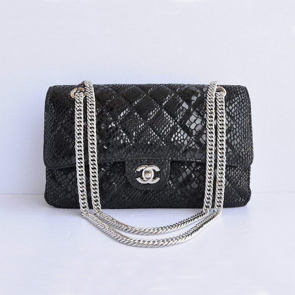 Chanel Black Snakeskin Leather Flap Bag Silver Hardware